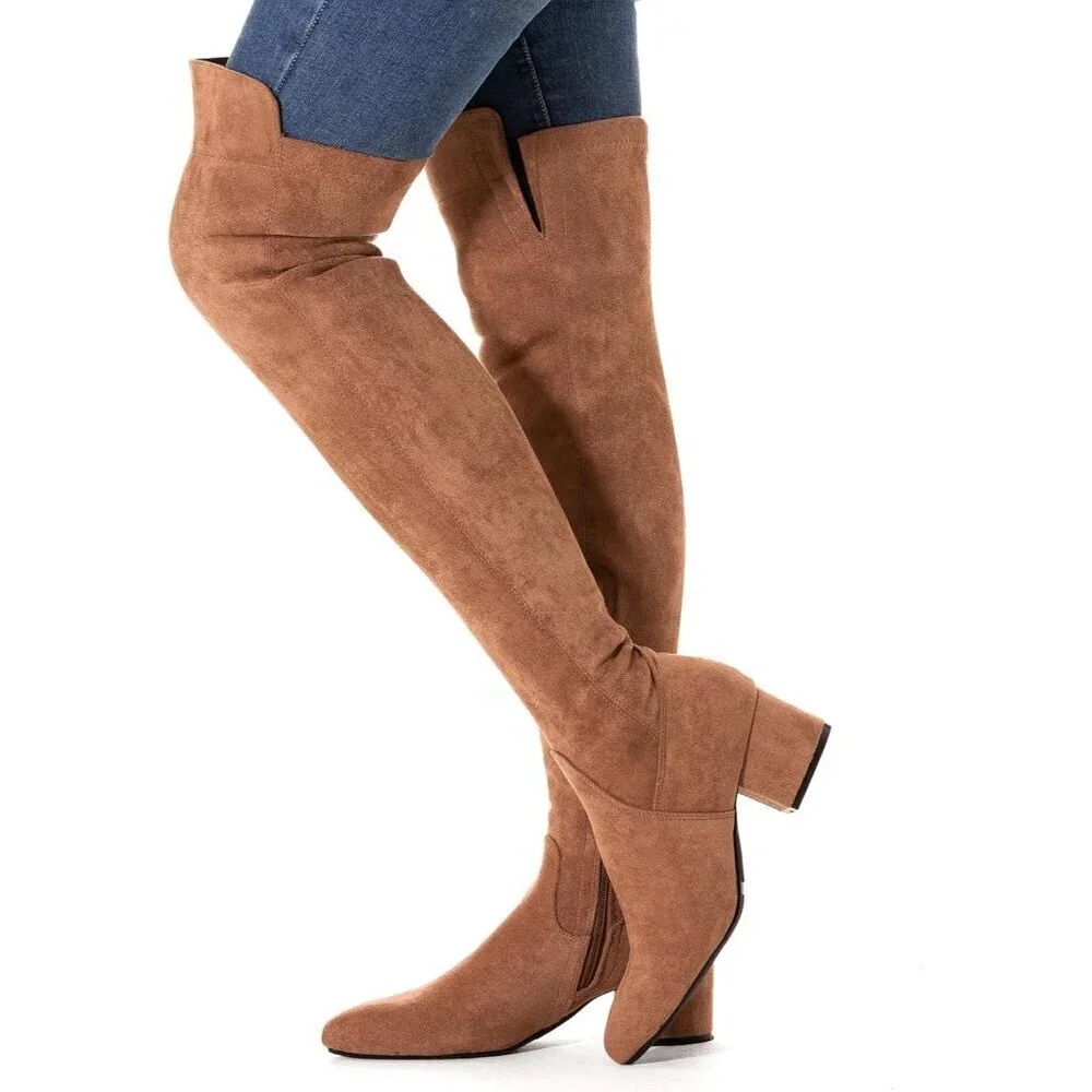 Women Brown\2 Ihch Suede Over the Knee Thigh High Chunky Block Heel Boots